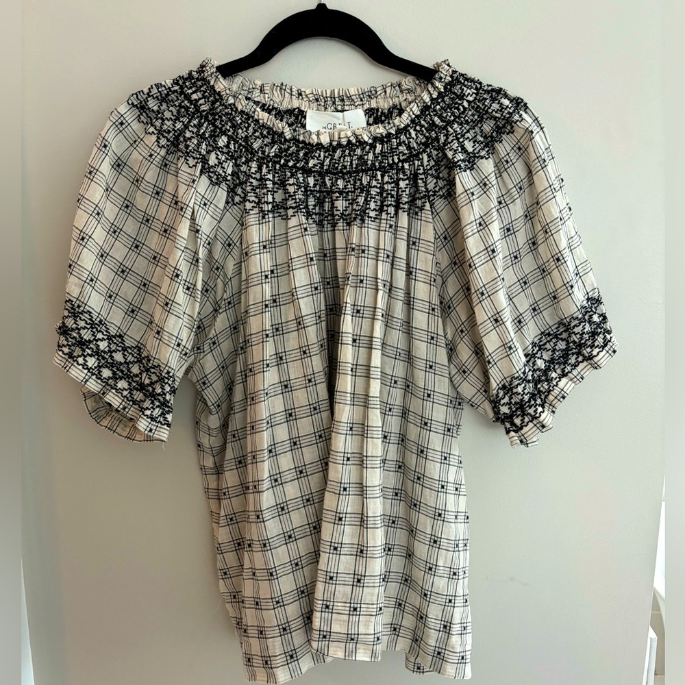 THE GREAT. Cream and Black Smocked Plaid Off-Shoulder Blouse